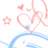 Pixelated pattern of repeated pink hearts, blue wave shapes, and scattered stars on white background with overlaid text fragments.