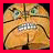 A pixelated cartoon face with green eyes, a wide grin showing teeth, and brown lines resembling facial hair on an orange background.