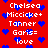 Red background with white text listing names and 'love' surrounded by blue pixelated hearts, static image.
