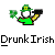 Pixel art icon of a green-clad character holding a shamrock and hammer with "Drunk Irish" text below on gray background.