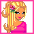 Pixelated cartoon icon featuring a blonde woman with flower in hair and pink top against bright pink background, surrounded by stylized text about kisses and touch.