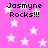 Pixelated pink background with white stars and repeated text "Jasmyne Rocks!!!" in black block letters.