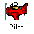Pixelated red aircraft with a pilot figure, propeller, and visible cockpit details on gray background.