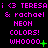 Pixelated text displays 'TERESAI', '& rachael', 'NEON COLORS!', and 'WHOOO' with green plus or dot symbols on black background.