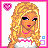 A 4x4 contact sheet of pixel art frames showing a blonde cartoon character in various poses and text panels with pink and blue heart icons, forming an animated icon sequence.
