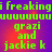 Pixelated green text on purple-red gradient background with repeated phrases and names.