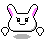 Pixelated white bunny head with pink inner ears, black eyes and mouth, four small white paws on gray background.