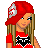 Pixel art buddy icon featuring a cartoon girl with red cap and shirt on left, blue gradient background with 'Taken' text on right.