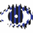 Blue and black striped circular icon with white center, surrounded by scattered blue and black pixel clusters on white background.