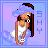 Pixelated static icon of a cartoon character with long brown hair, orange face, and white clothing against a blue-purple gradient background.