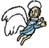 Pixelated angel figure with white wings, blue robe, and halo in two poses against gray background.