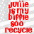 Red pixelated text on a gray background reads "julie is my bippie goo recycle" in two identical vertical with slight variations between the top and bottom sections