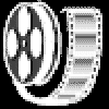 A film reel icon with a curved strip of film, displaying sequential color changes on the reel's central hub from white to blue and cyan hues.