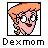Pixel art cartoon character with orange hair and pink skin inside a black border, below which is the text "Dexmom" in pixelated font.