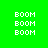 Four display repeated 'BOOM' text in white pixelated font on green, gray, pink, and gray backgrounds