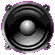 Two identical circular speaker icons with black cones, silver surrounds, and purple pixelated borders on a gray background.