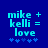 Blue background with cyan text reading 'mike + kelli = love' and five blue star symbols below, displayed in two side-by-side pixelated frames.