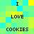 Pixelated text 'I LOVE COOKIES' repeated in a pattern on a green and yellow background with blue accents