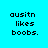 Four pixelated text in cyan, light blue, pink, and dark blue display 'ausitn likes boobs.' on a