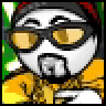 Pixelated cartoon character with large glasses, yellow eyes, and a white face wearing a dark jacket over a yellow shirt against green background.