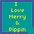 Four identical teal square icons with purple borders display yellow pixelated text reading "I Love Merry & Pipin" and one icon includes a small purple heart symbol.
