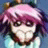 Pixelated static image of a character with pink and purple hair, dark eyes, and light skin wearing a white top against a blue background.