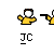 Pixel art animation of yellow figures with white heads performing actions like shooting, driving red cars, and waving goodbye against a gray background.
