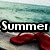 A four- shows beach scenes with text overlays: 'Summer' over red flip-flops on sand, '08' over a white chair, 'is finally here!!!' over a sunset, and a wordwall of summer-related phrases