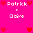 Pixel art displays 'Patrick + Claire' text with red hearts on a bright pink background, arranged in two identical vertical