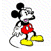 Mickey Mouse in red shorts and yellow shoes, shown in two sequential poses with open mouth and outstretched hands against a speckled background.