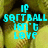 Pixelated cyan text on a yellow softball background with gray in bottom-right corner