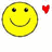 Two yellow smiley faces with black eyes and curved smiles flank a red heart, while below them green text reads "Easily Amused!" on purple background.