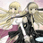 Two anime-style figures with long blonde hair and black-and-white outfits stand against a pink background, one figure's hair flowing left to right.