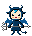 Four pixel-art character poses with blue horns, wings, and tail, holding a gray staff, on gray background.