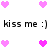 Pixelated pink hearts and black text 'kiss me :)' repeated across a white background in multiple