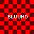 Red and dark red checkered background with four instances of the text 'BLUUHD' in white pixelated font, showing progressive pixelation effects on the right side.