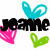 Two side-by-side pixelated text displays of 'Joanne' with colored heart and bunny ear symbols above and below.