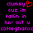Pixelated text in purple and red on black background with a heart symbol replacing 'y' in 'clumsy'.