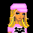 Pixel art contact sheet showing a female character in pink outfit with multiple views and stylized text phrases on black background.