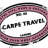 Pixelated oval icon with pink and black border containing 'CAMP TRAVEL' text in black block letters on white background.