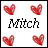 Four red pixelated hearts surround black text reading "Mitch" on a white background with a thin black border.
