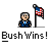 Pixel art contact sheet showing 9 frames of an animated icon featuring a cartoon figure, American flag, and repeated text "Bush Wins!" in various poses and close-ups.