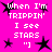 A bright pink background displays repeated text 'When I'm TRIPPIN' I see STARS' with black star symbols scattered throughout.