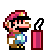 Pixel art contact sheet showing four frames of a Mario character with dynamite and explosion text.