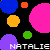 A black background filled with colorful circles and half-circles in various sizes, overlaid with repeated white text reading "NATALIE" across multiple