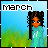 Pixel art of a character with orange skin and black hair in pigtails, wearing a teal dress with white stripes against a blue sky and green grass background.
