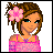 Pixelated character with brown hair and pink flower accessory, wearing pink off-shoulder top and silver necklace on white background.