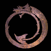 Circular bronze-colored dragon icon with a fish-like tail, rotating through multiple angles against black background.