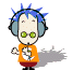 Pixelated cartoon character with blue spiky hair, green eyes, and headphones wears orange shirt and red shorts in four sequential poses.