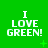 Green background with repeated white text "I LOVE GREEN!" in pixelated font, small green plus and X symbols scattered across the image.